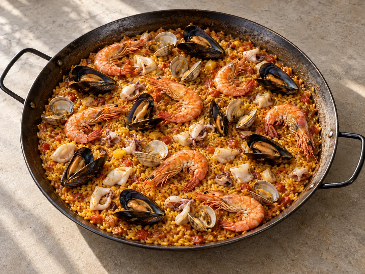 Ilustración de paella de marisco con gambas, mejillones, almejas y calamar